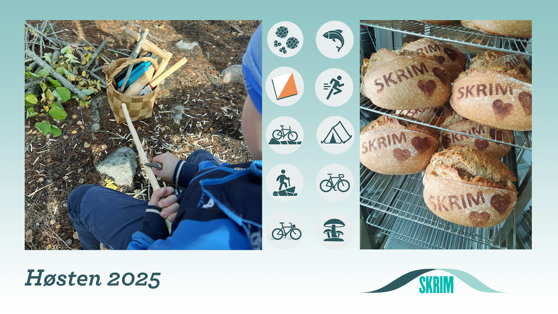 Collage av symboler og bilder av skrimbrød og barn som spikker